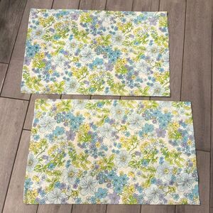 2 Vintage Grants Home Muslin Blue Green Floral Standard Pillowcases 60s